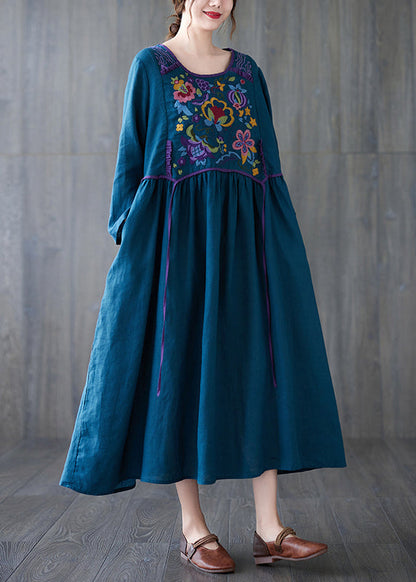 Boho Orange O Neck Embroidered Patchwork Cotton Dress Spring TZ045