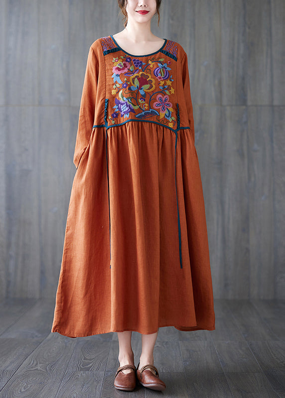 Boho Orange O Neck Embroidered Patchwork Cotton Dress Spring TZ045