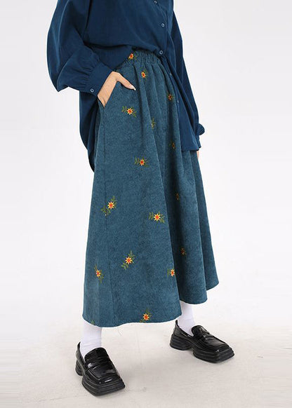 Boho Peacock Blue Embroidered Corduroy Skirts Spring YO11