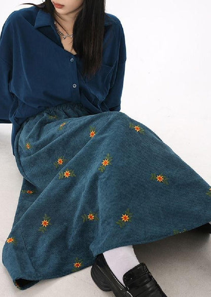 Boho Peacock Blue Embroidered Corduroy Skirts Spring YO11