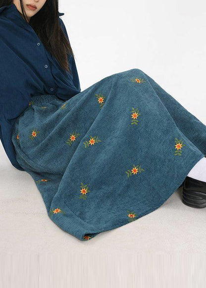 Boho Peacock Blue Embroidered Corduroy Skirts Spring YO11
