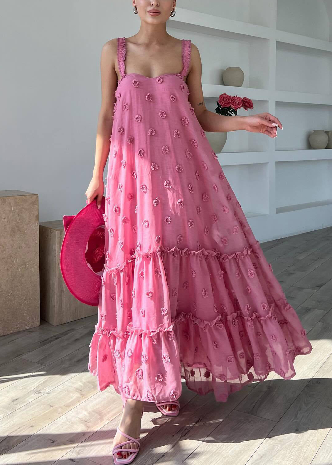 Sleeveless Spaghetti Cotton Floral Ruffled Strap Dress Boho Pink