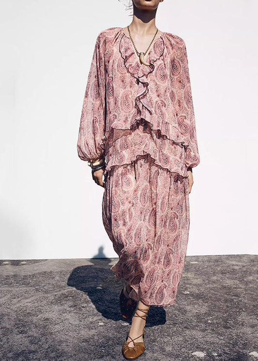 Ruffled Neck Boho Chiffon Pink Print Dresses V Fall