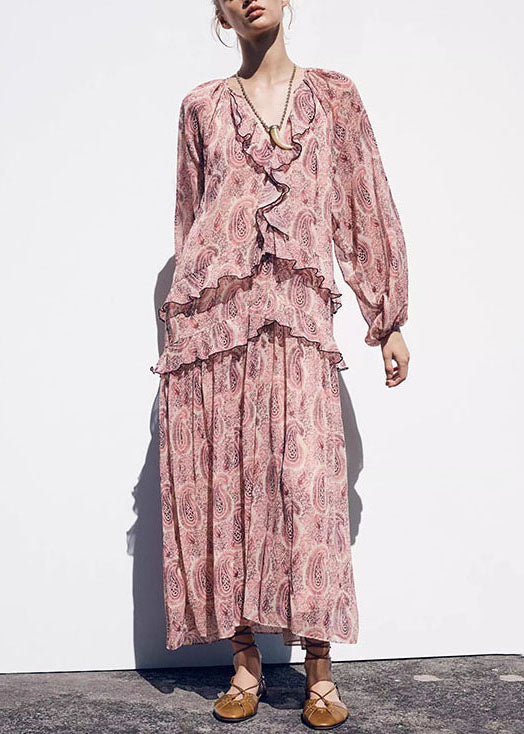 Ruffled Neck Boho Chiffon Pink Print Dresses V Fall