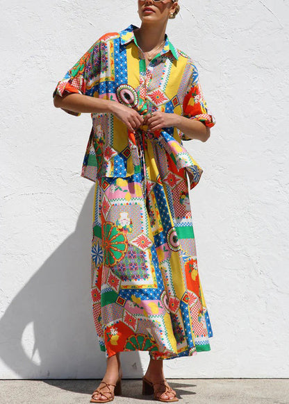 Piece Shirts Two Boho Print Short Set And Maxi Skirts Sleeve