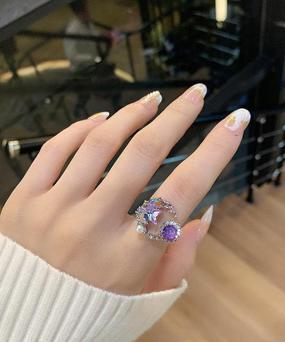 Star Rings Moon Pearl Boho Zircon Purple Copper