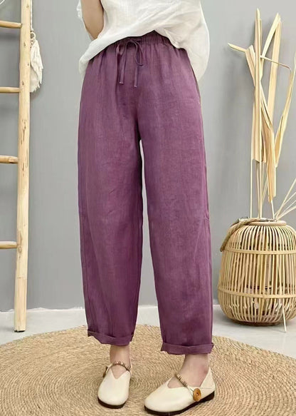 Pants Elastic Summer Waist Oversized Harem Linen Purple Boho