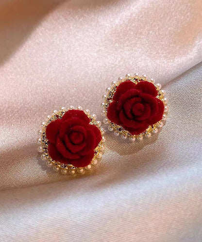 Boho Red Copper Alloy Pile Coating Floral Stud Earrings EY003