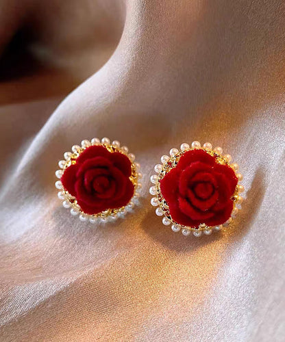 Boho Red Copper Alloy Pile Coating Floral Stud Earrings EY003