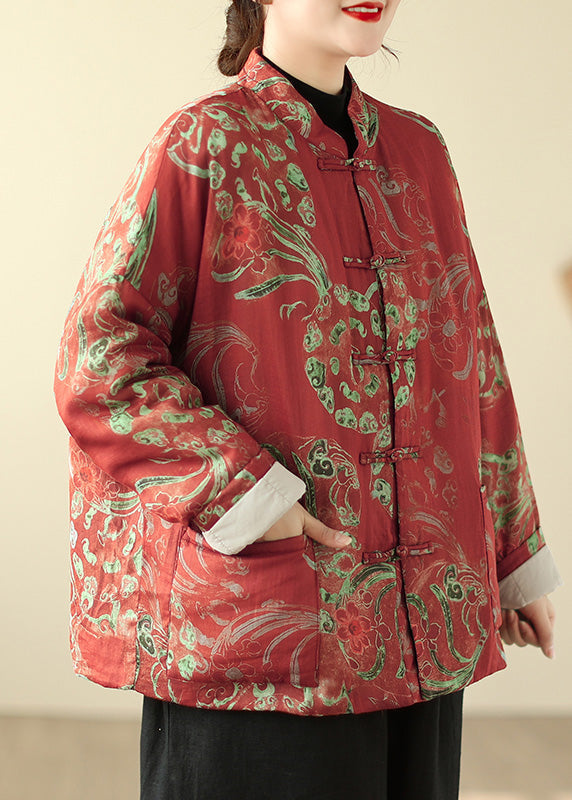 Boho Red Print Chinese Button Fine Cotton Filled Parka Winter TM013