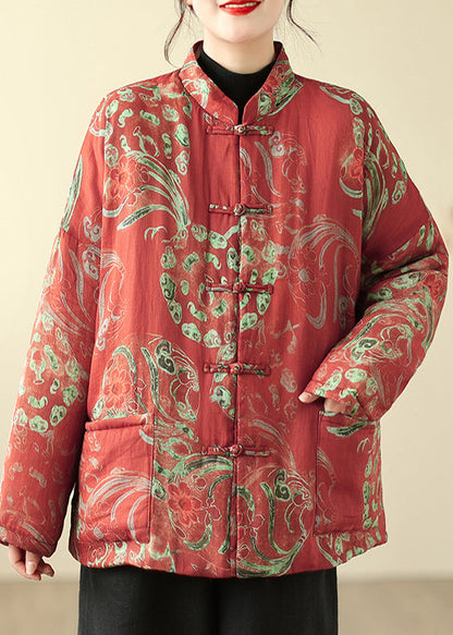 Boho Red Print Chinese Button Fine Cotton Filled Parka Winter TM013