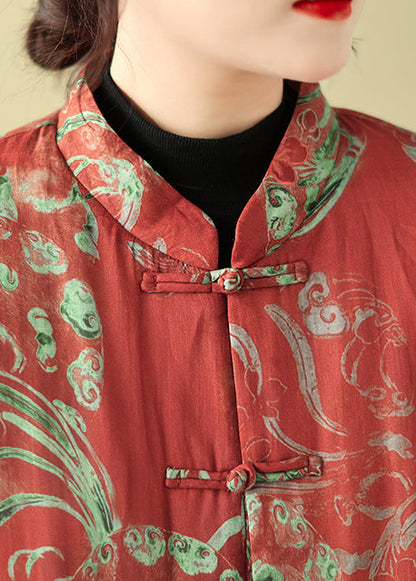Boho Red Print Chinese Button Fine Cotton Filled Parka Winter TM013