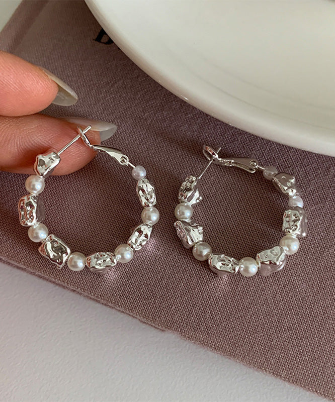 Boho Silver Silk Pearl Sterling Hoop Alloy Earrings