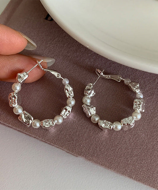 Boho Silver Silk Pearl Sterling Hoop Alloy Earrings
