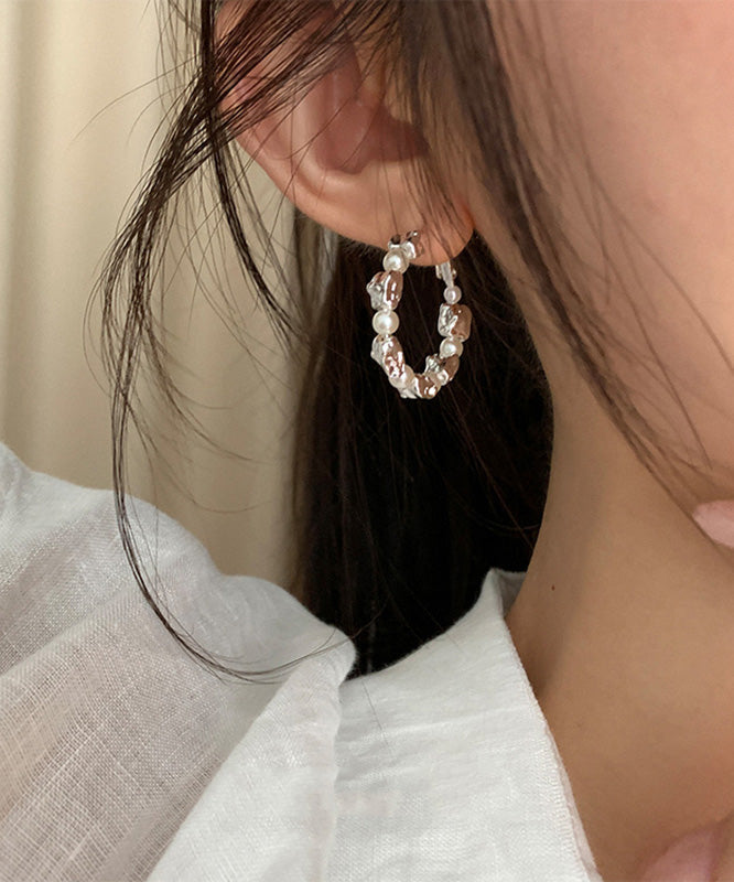 Boho Silver Silk Pearl Sterling Hoop Alloy Earrings