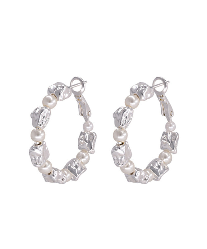 Boho Silver Silk Pearl Sterling Hoop Alloy Earrings