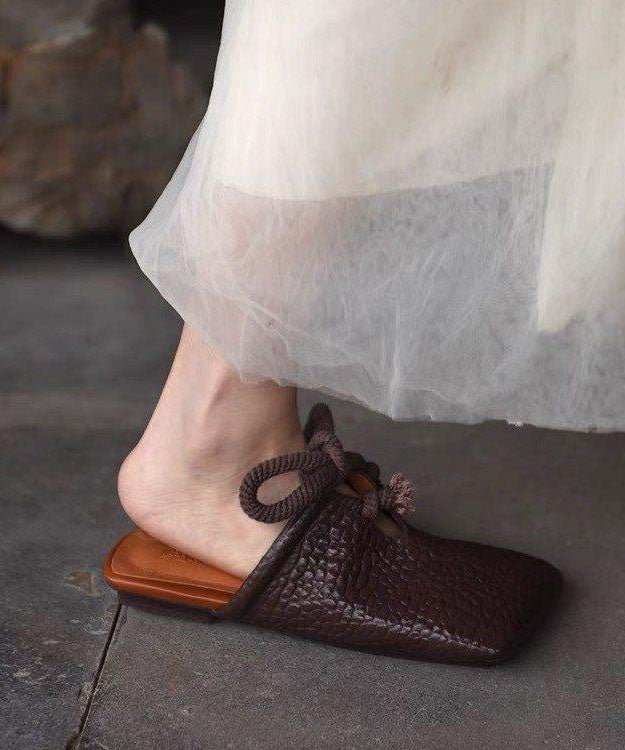 Splicing Slide Up Sandals Lace Leather Faux Brown Boho