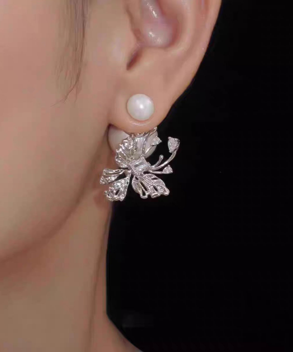 Boho White Copper Zircon Pearl Butterfly Stud Earrings YU012