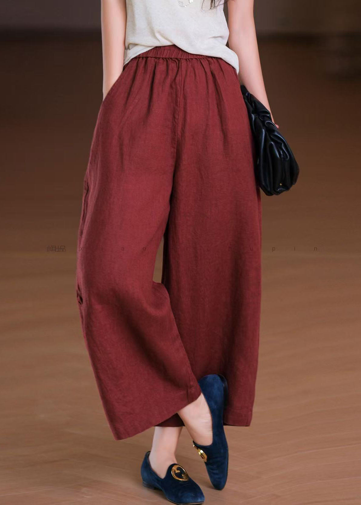 Boho Wide Summer Linen Pants Elastic White Leg Pockets Waist