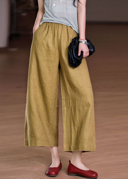 Boho Wide Summer Linen Pants Elastic White Leg Pockets Waist