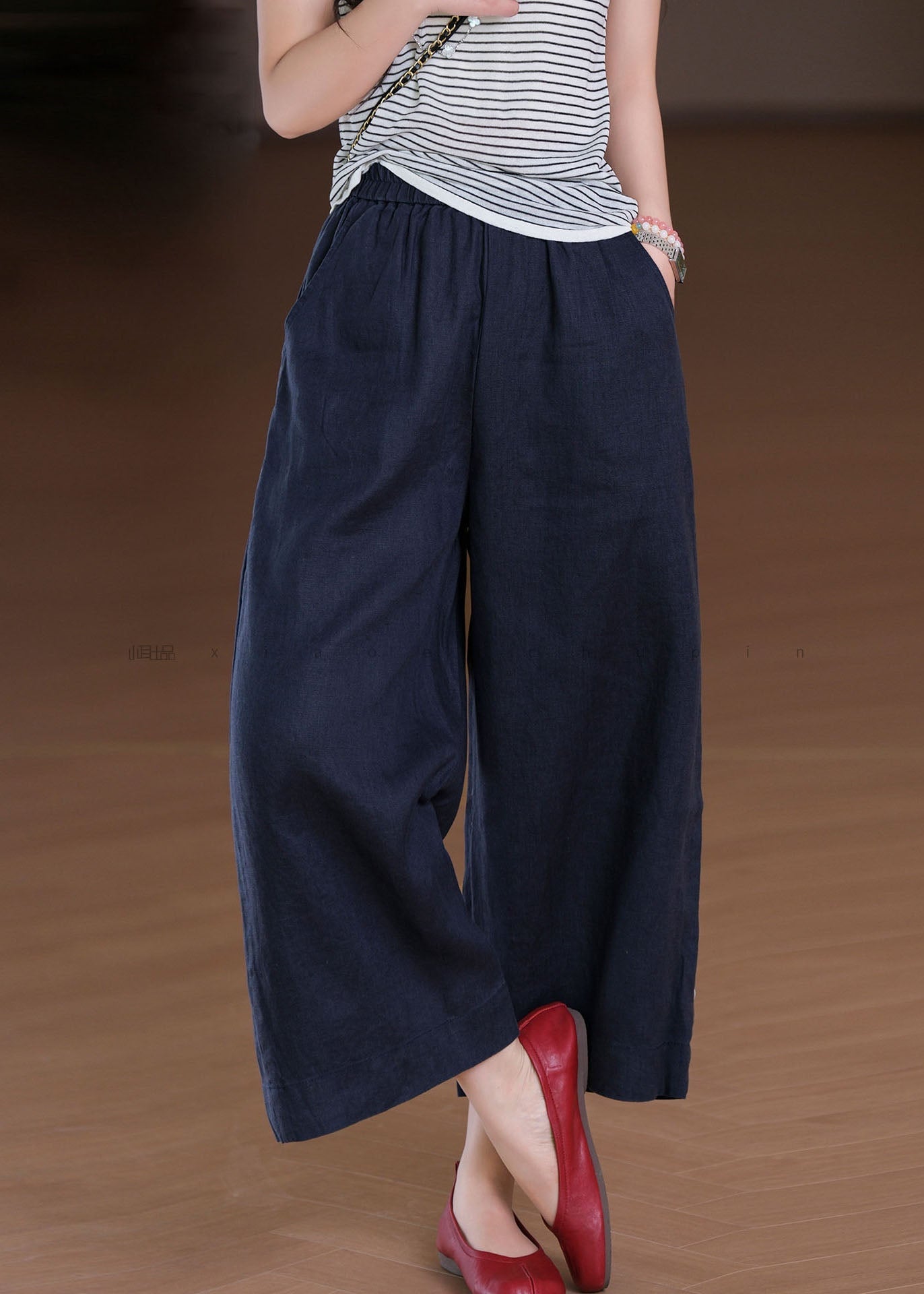 Boho Wide Summer Linen Pants Elastic White Leg Pockets Waist