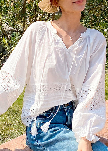 Butterfly Lace Boho Sleeve Shirt White Hollow Up Cotton Out