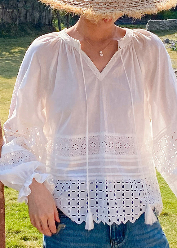 Butterfly Lace Boho Sleeve Shirt White Hollow Up Cotton Out