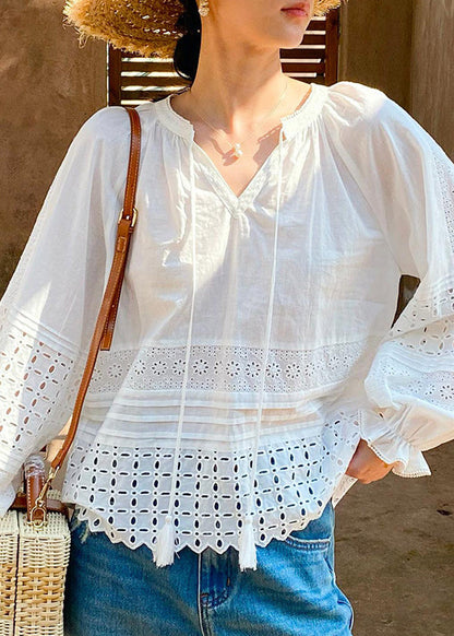 Butterfly Lace Boho Sleeve Shirt White Hollow Up Cotton Out