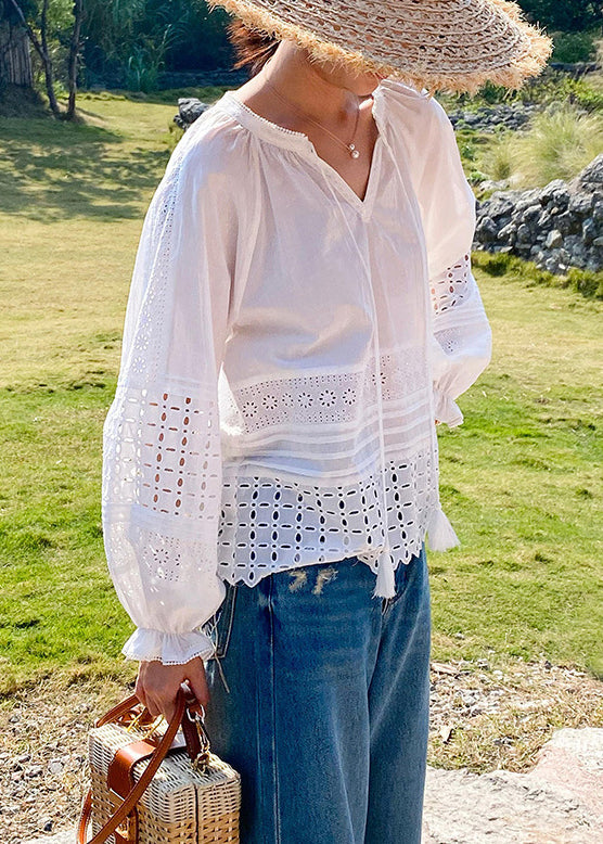 Butterfly Lace Boho Sleeve Shirt White Hollow Up Cotton Out