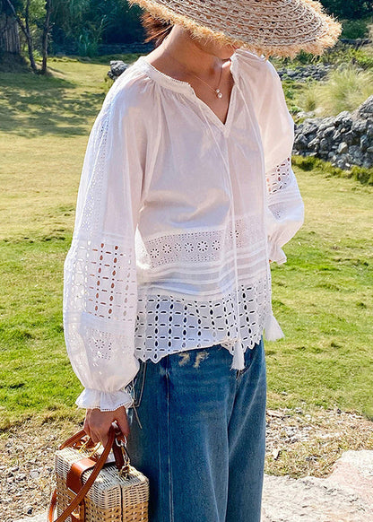 Butterfly Lace Boho Sleeve Shirt White Hollow Up Cotton Out