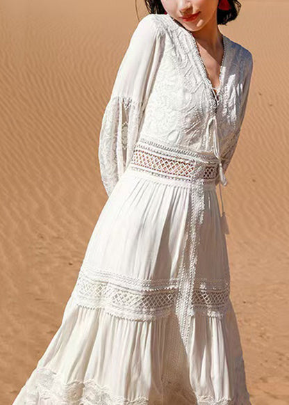Sleeve Puff Long Out White Hollow Dress Boho Lace
