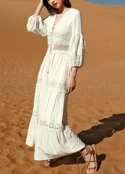 Sleeve Puff Long Out White Hollow Dress Boho Lace