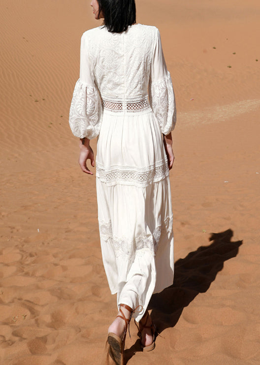 Sleeve Puff Long Out White Hollow Dress Boho Lace