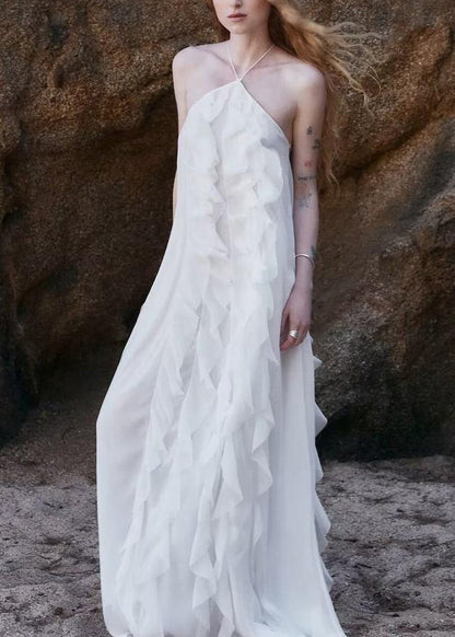 Ruffled White Up Lace Backless Maxi Chiffon Sleeveless Boho Dress