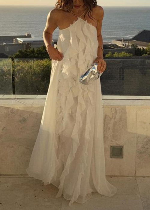 Ruffled White Up Lace Backless Maxi Chiffon Sleeveless Boho Dress