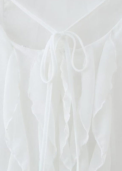 Ruffled White Up Lace Backless Maxi Chiffon Sleeveless Boho Dress