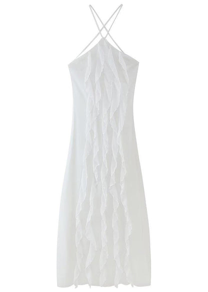 Ruffled White Up Lace Backless Maxi Chiffon Sleeveless Boho Dress