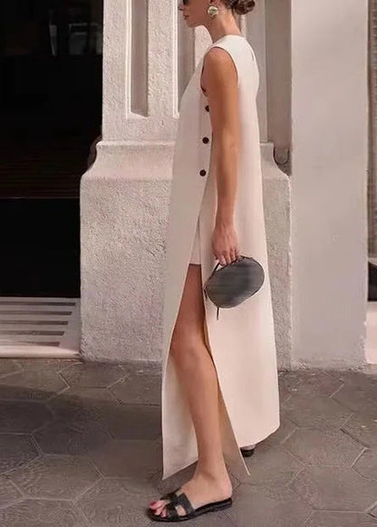 Boho White Side Open Cotton A Line Dress Sleeveless TL008