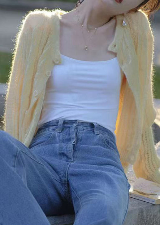 Boho Yellow Button Hollow Out Patchwork Knit Cardigan Fall TU034