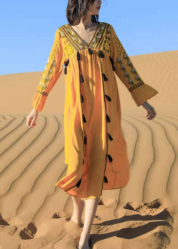 Fall Tasseled Cotton Dress Boho Patchwork Embroidered Yellow