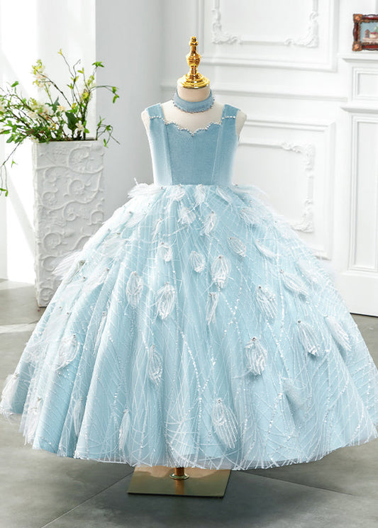 Boutique Baby Blue Turtleneck Rivet Tassel Tulle Girls Long Dress Sleeveless YG008