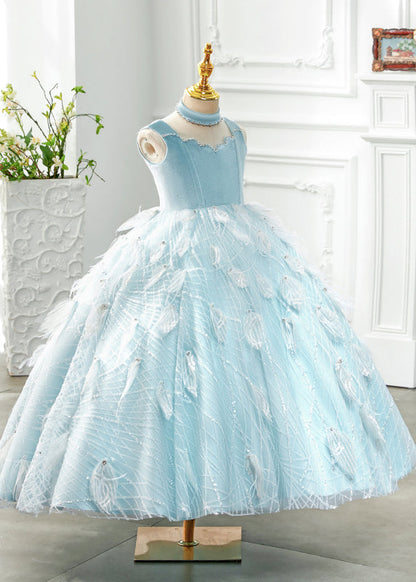 Boutique Baby Blue Turtleneck Rivet Tassel Tulle Girls Long Dress Sleeveless YG008