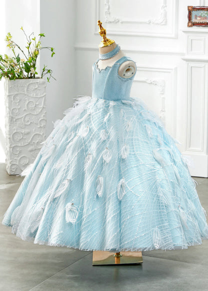 Boutique Baby Blue Turtleneck Rivet Tassel Tulle Girls Long Dress Sleeveless YG008