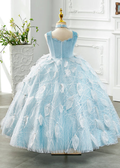 Boutique Baby Blue Turtleneck Rivet Tassel Tulle Girls Long Dress Sleeveless YG008