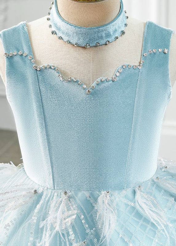 Boutique Baby Blue Turtleneck Rivet Tassel Tulle Girls Long Dress Sleeveless YG008
