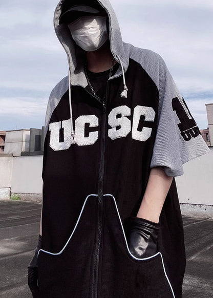 Cotton Patchwork Short Black Hooded Men Sweatshirt Boutique