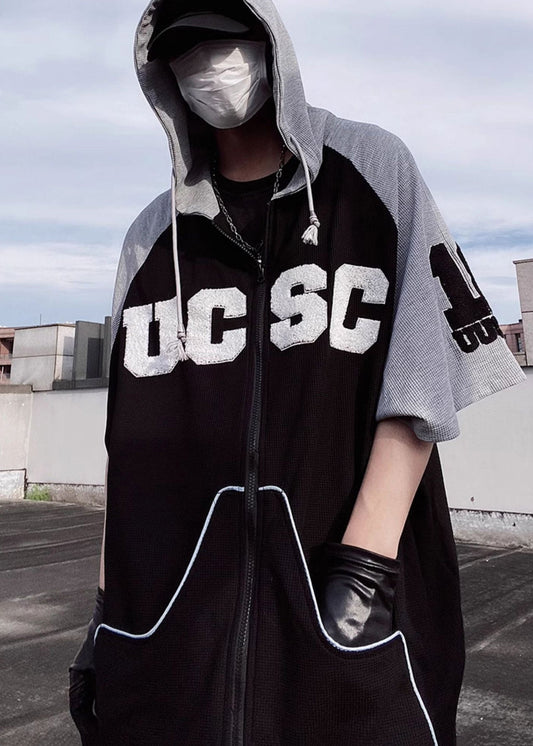 Cotton Patchwork Short Black Hooded Men Sweatshirt Boutique