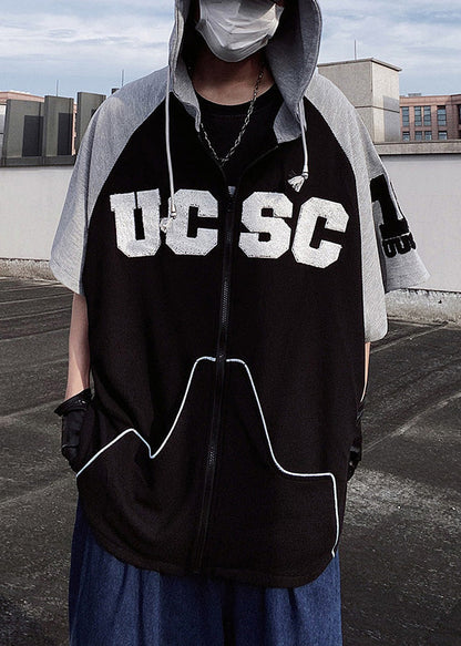 Cotton Patchwork Short Black Hooded Men Sweatshirt Boutique