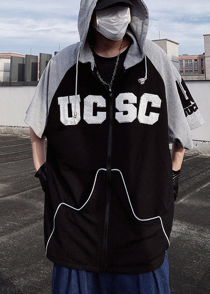 Cotton Patchwork Short Black Hooded Men Sweatshirt Boutique