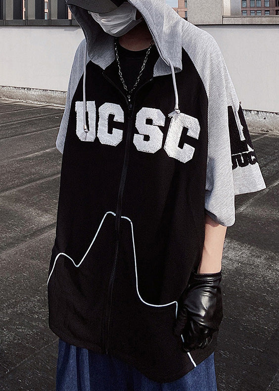 Cotton Patchwork Short Black Hooded Men Sweatshirt Boutique